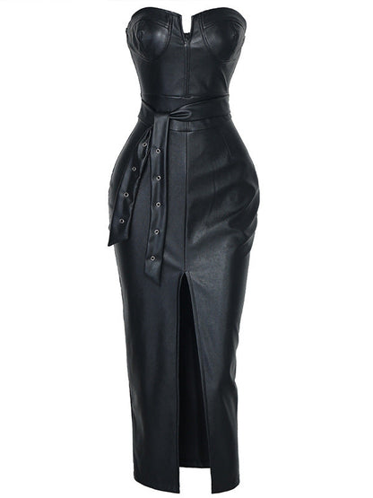 Faux-Leather Tied Tube Dress