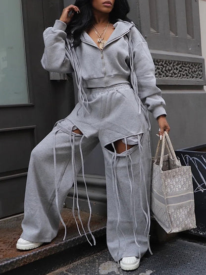 Fringe Zip Hoodie & Pants Set