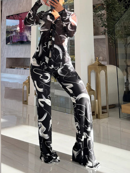 Printed Shirt & Flared Pants Set