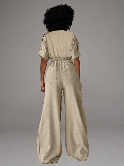 Button-Front Wide-Leg Cargo Jumpsuit