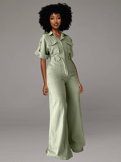 Button-Front Wide-Leg Cargo Jumpsuit