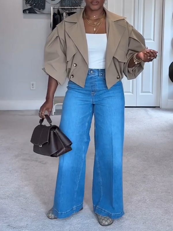 Double-Breasted Short Trench Jacket Khaki