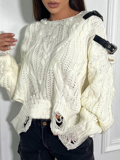Belted-Shoulder Ripped Sweater