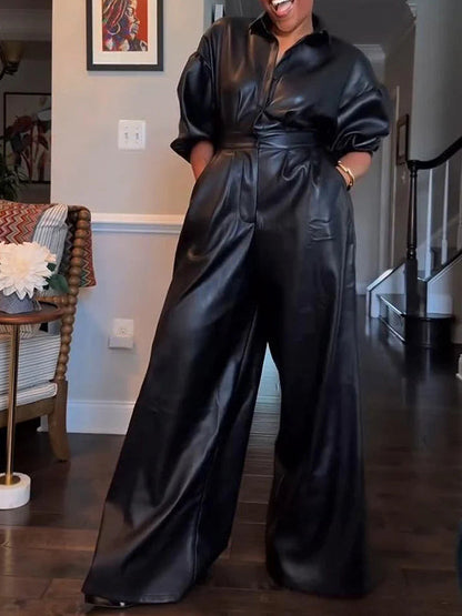 Faux-Leather Wide-Leg Jumpsuit