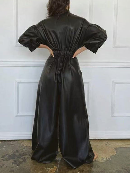Faux-Leather Wide-Leg Jumpsuit