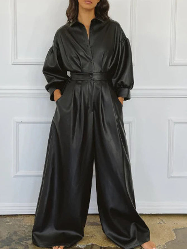 Faux-Leather Wide-Leg Jumpsuit
