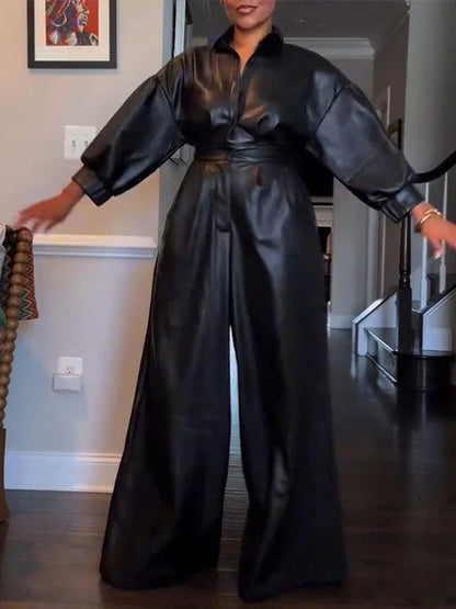 Faux-Leather Wide-Leg Jumpsuit