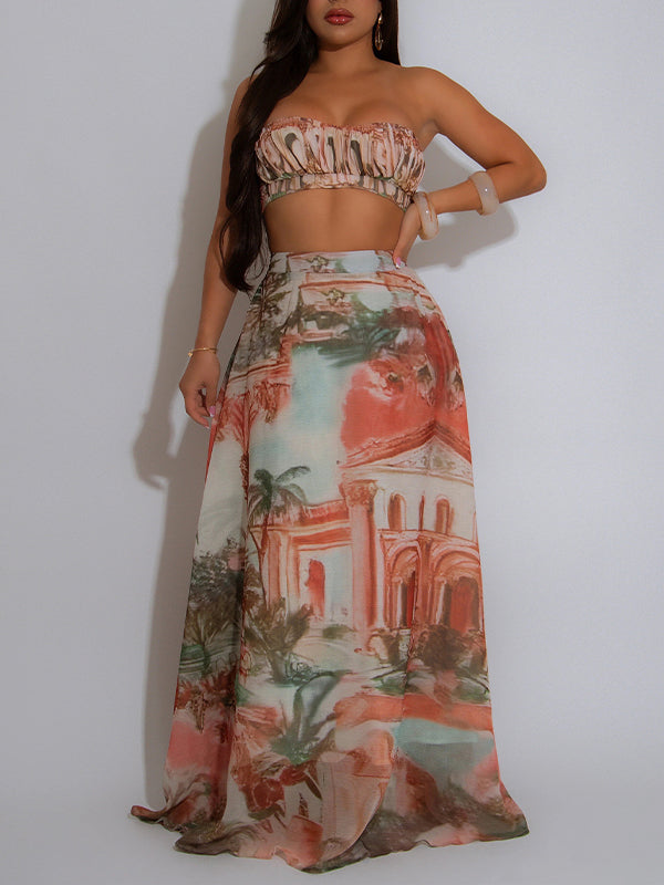 Printed Bandeau Top & Skirt Set
