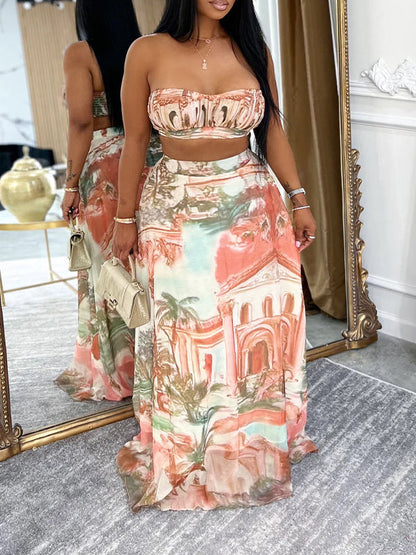 Printed Bandeau Top & Skirt Set