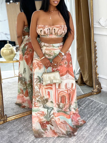 Printed Bandeau Top & Skirt Set