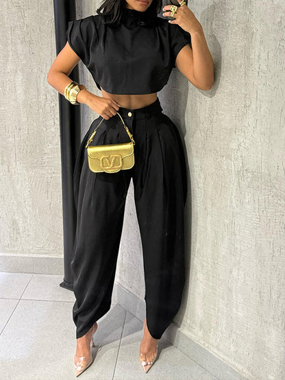 Solid Mock-Neck Top & Heram Pants Set