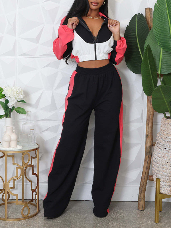 Colorblock Jacket & Wide-Leg Pants Set