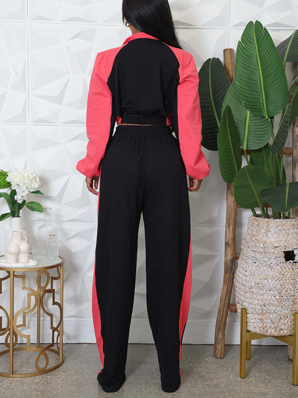 Colorblock Jacket & Wide-Leg Pants Set