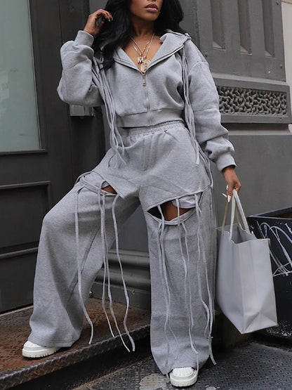 Zip-Front Hoodie & Wide-Leg Cutout Pants Set