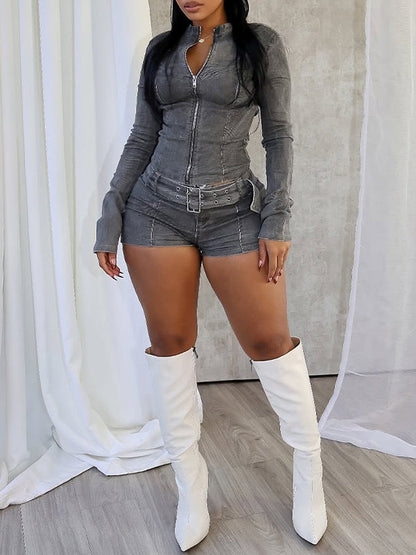 Denim Zip-Front Jacket & Shorts Set