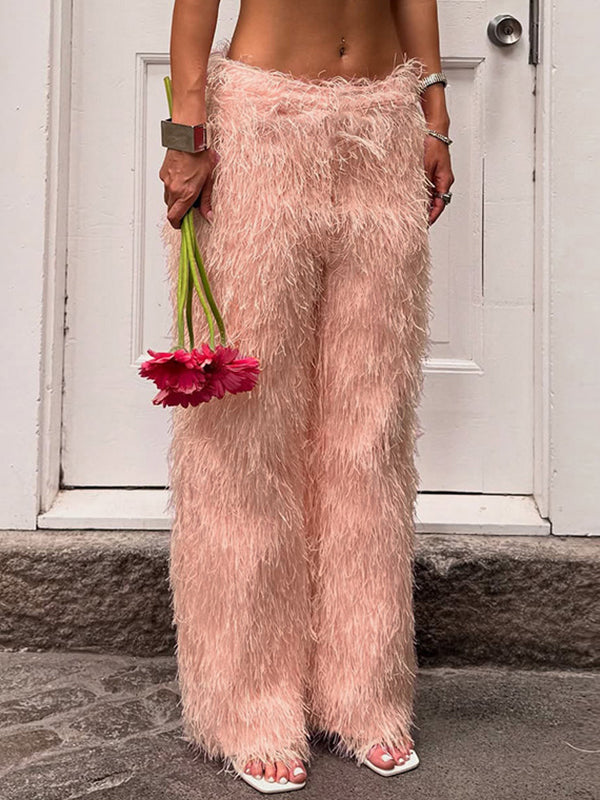 Faux-Fur Straight Pants Pink