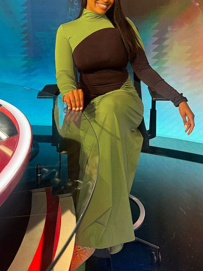 Two-Tone Ruched Maxi Dress