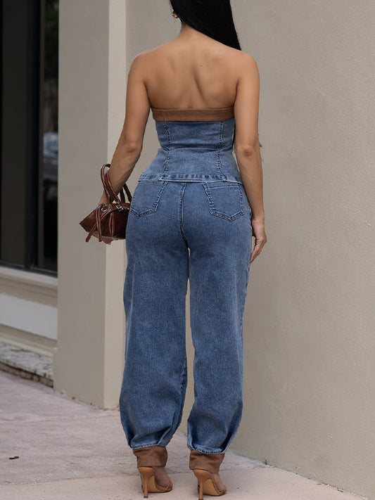 Contrast Denim Tube Top & Pants Set
