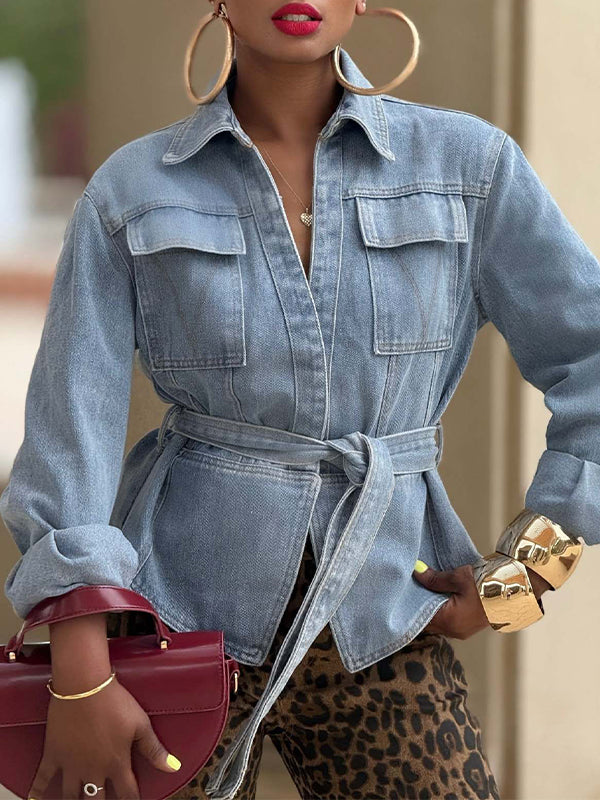 Tied Denim Jacket Light Wash Blue