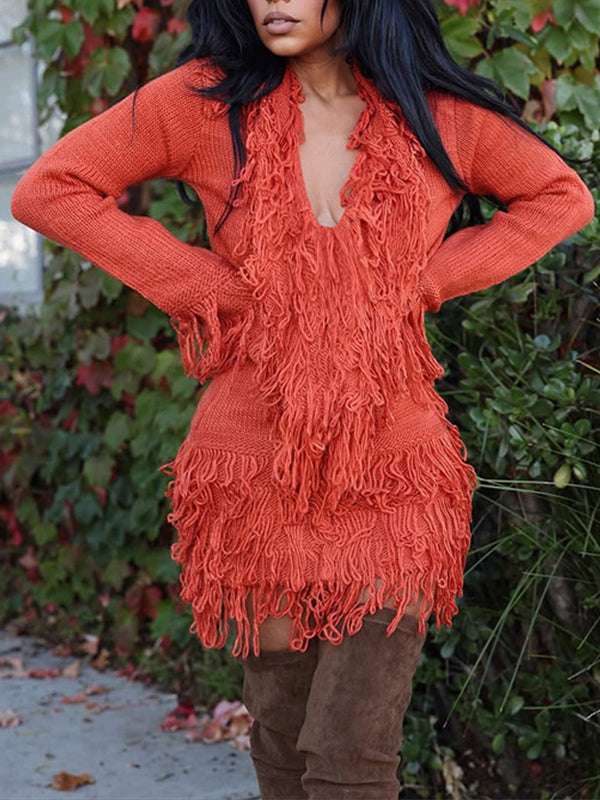 Fringe-Combo V-Neck Knit Dress