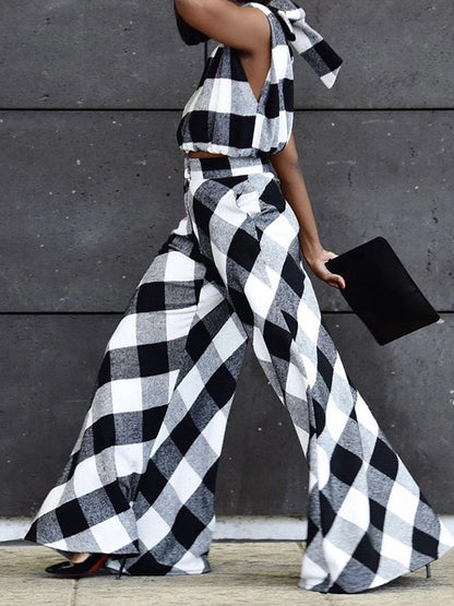 Plaid Tank Top & Wide-Leg Pants Set