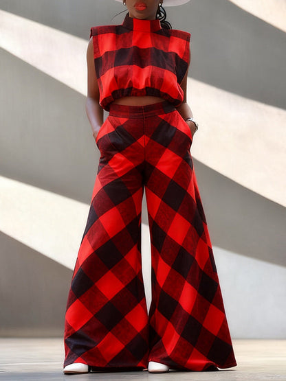 Plaid Tank Top & Wide-Leg Pants Set