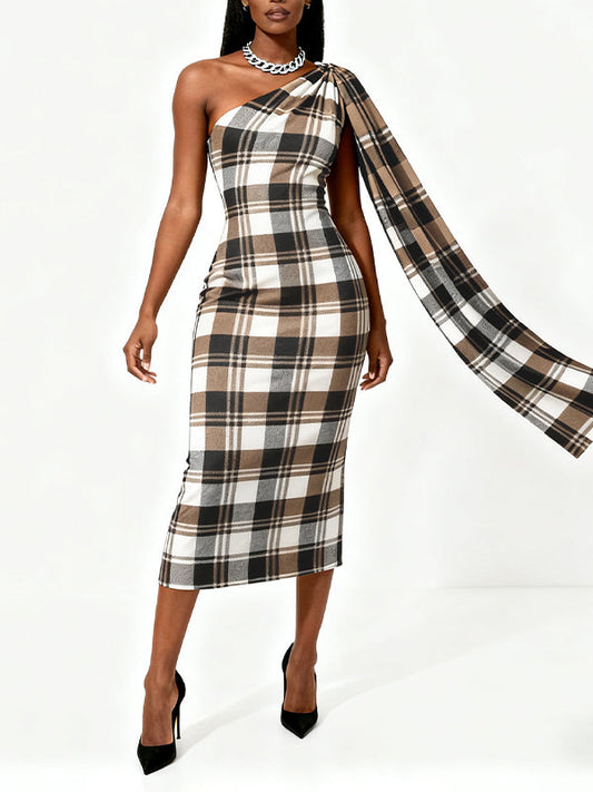 Plaid One-Shoulder Dress