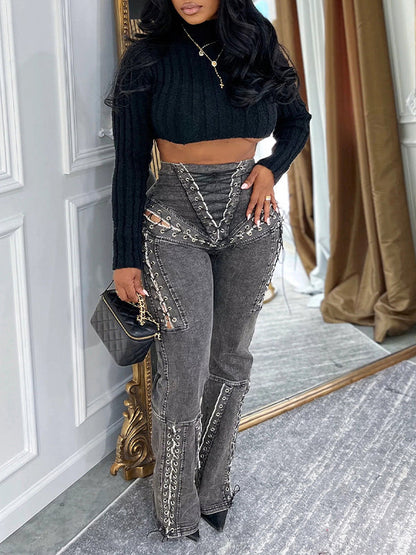 Lace-Up High-Waist Jeans