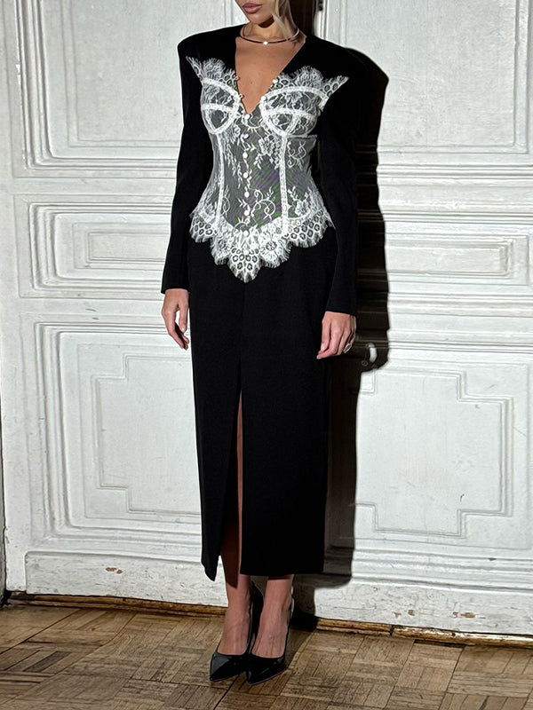 Lace-Combo Blazer Dress