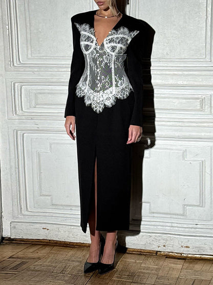 Lace-Combo Blazer Dress