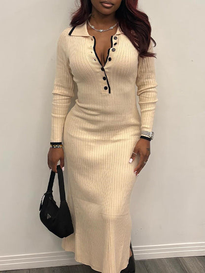 Button-Front Ribbed Polo Dress