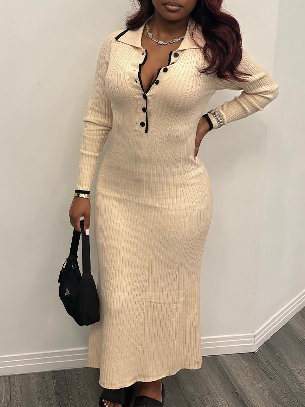 Button-Front Ribbed Polo Dress