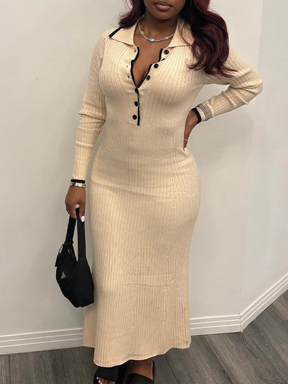 Button-Front Ribbed Polo Dress