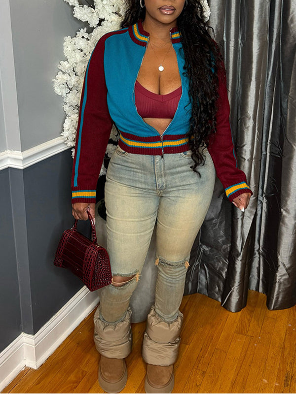 Colorblock Zip-Front Cardigan