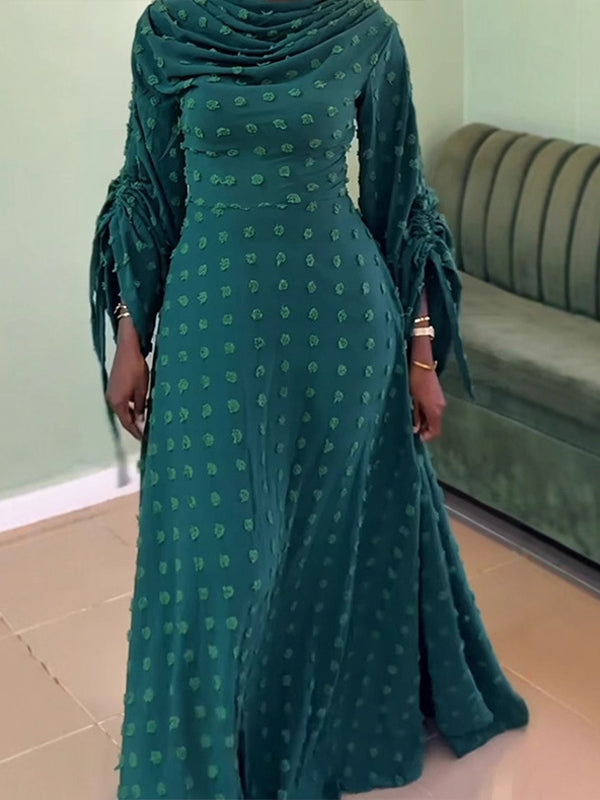 Cowl-Neck Ruched-Sleeve Maxi Dress