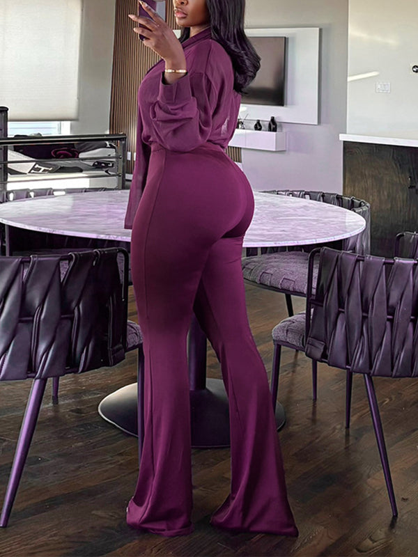 Solid Tied-Neck Shirt & Pants Set