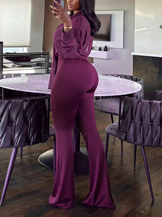 Solid Tied-Neck Shirt & Pants Set