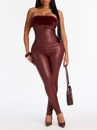Faux-Fur Combo Faux-Leather Jumpsuit