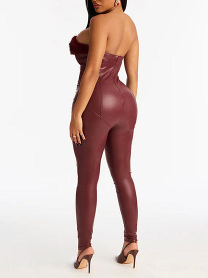 Faux-Fur Combo Faux-Leather Jumpsuit