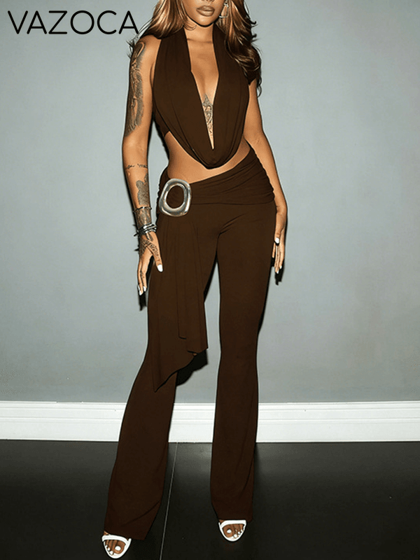 Cowl-Neck Halter Top & Draped Pants Set
