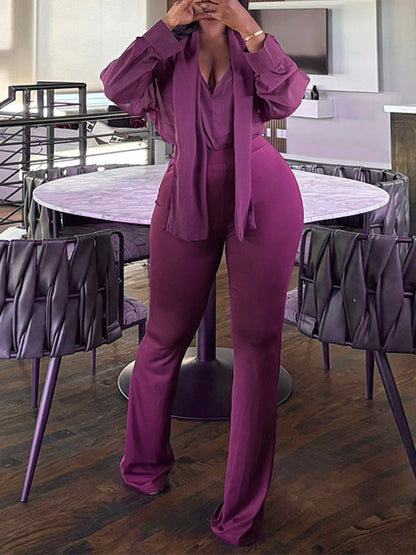 Solid Tie-Neck Shirt & Pants Set