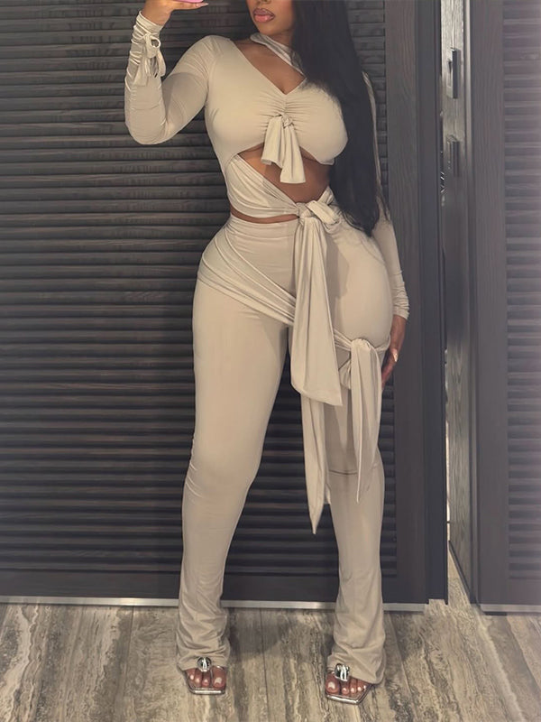 Solid Tied Cutout Top & Pants Set