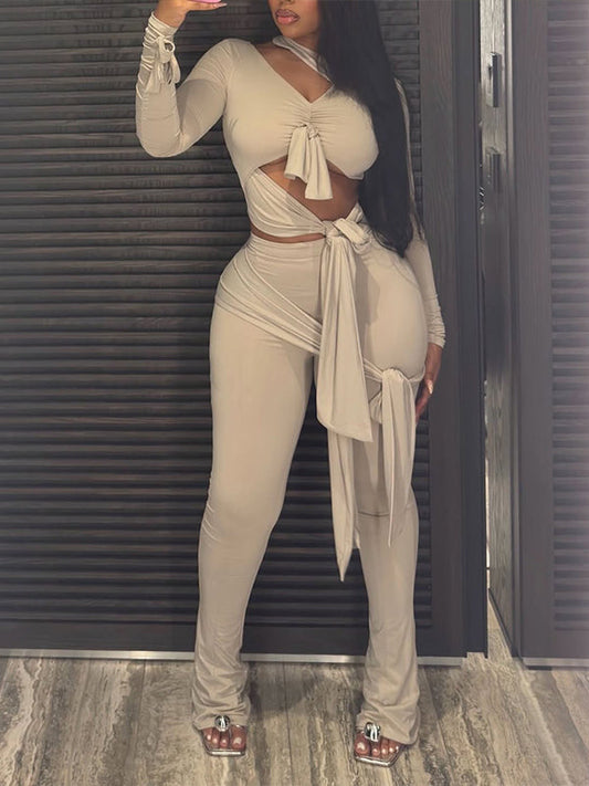 Solid Tied Cutout Top & Pants Set