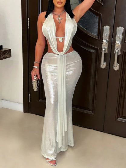 Metallic Halter Top & Skirt Set