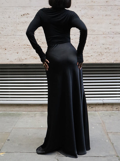 Faux-Leather Belted Satin Combo Maxi Dress