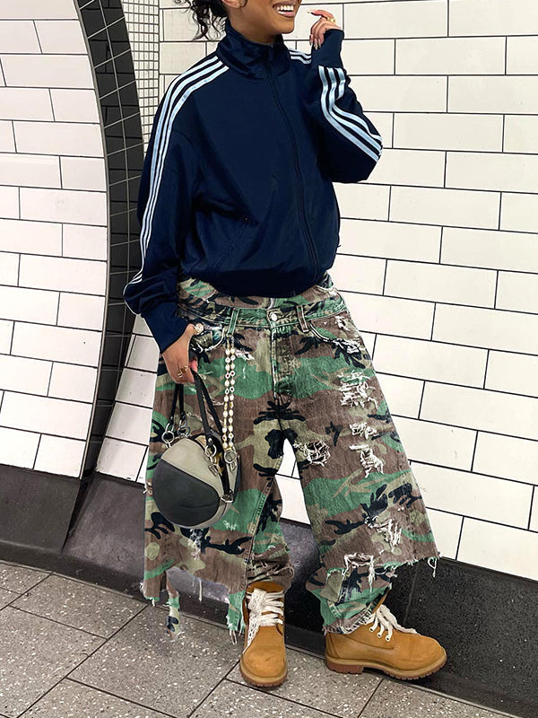 Camo Double-Waist Ripped Jeans