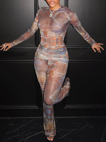 Printed Sheer Top & Pants Set