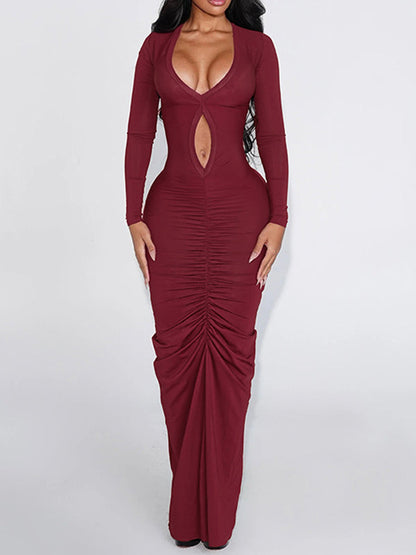 V-Neck Cutout Ruched Dress