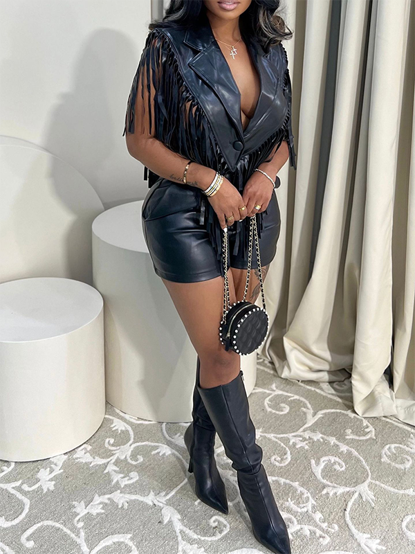 Faux-Leather Fringe Vest & Shorts Set