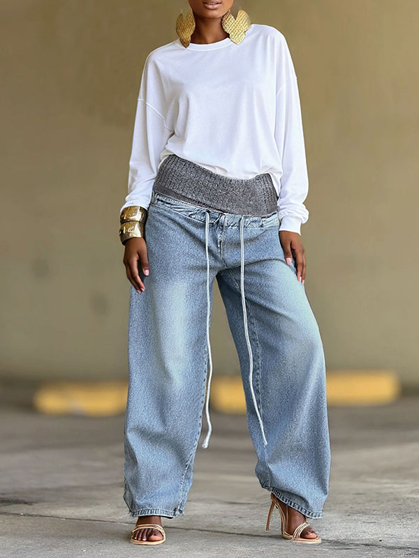 Drawstring Combo Wide-Leg Jeans
